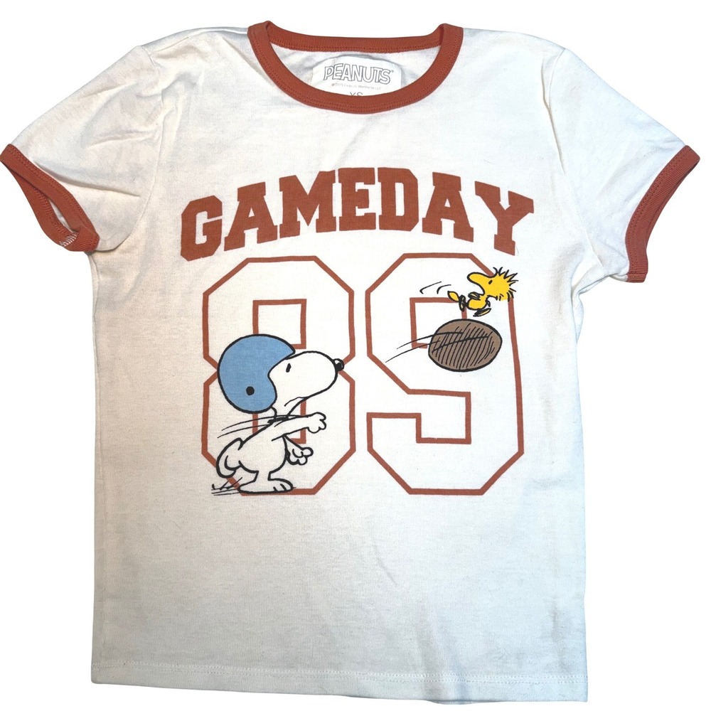 Peanuts Snoopy Woodstock Gameday 89 Ringer T-Shirt White Orange XS